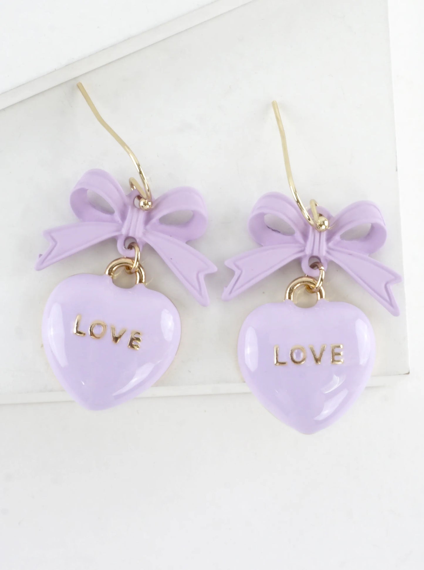 Enameled Heart Drop Bow Earrings With Word