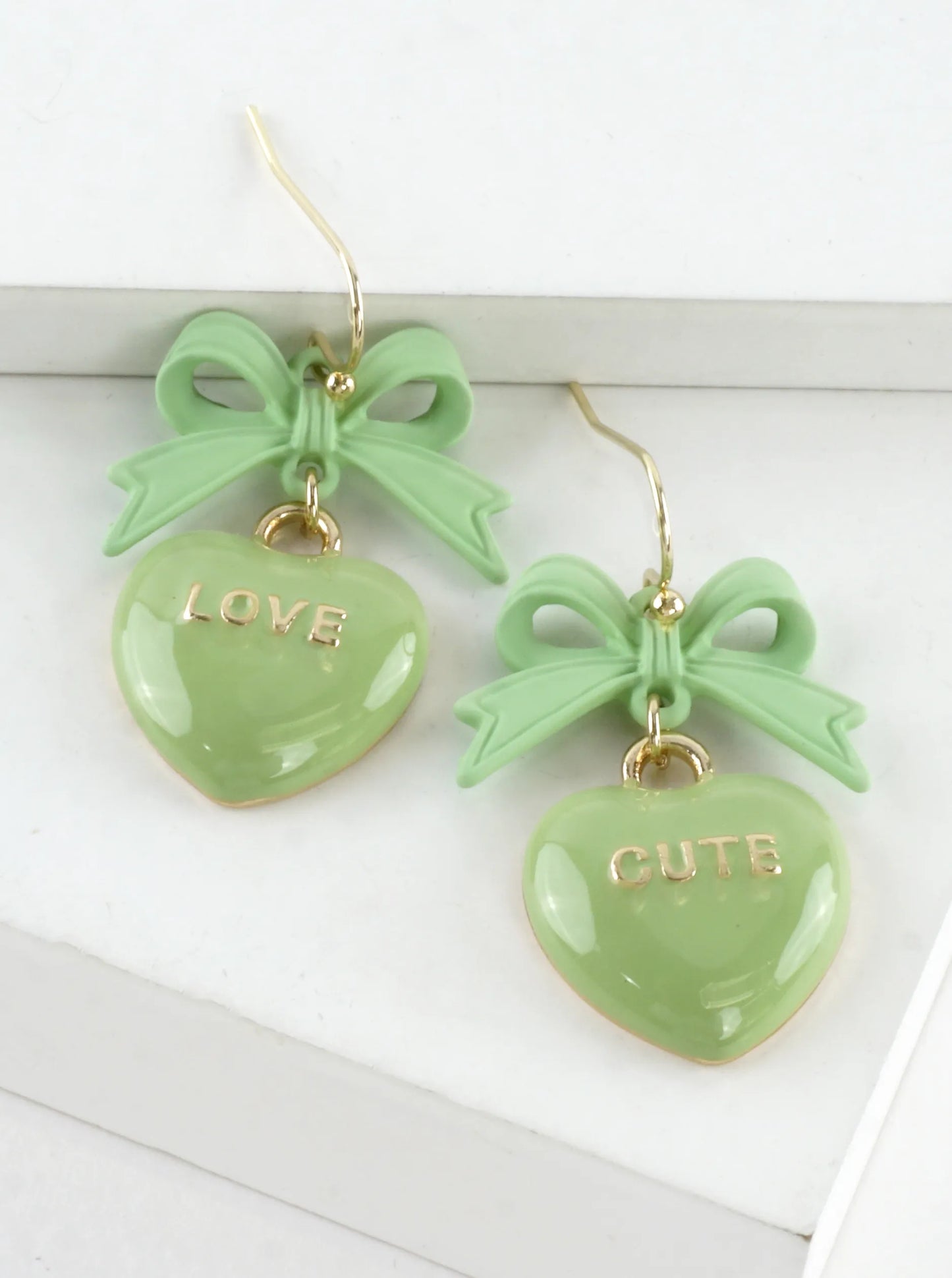Enameled Heart Drop Bow Earrings With Word
