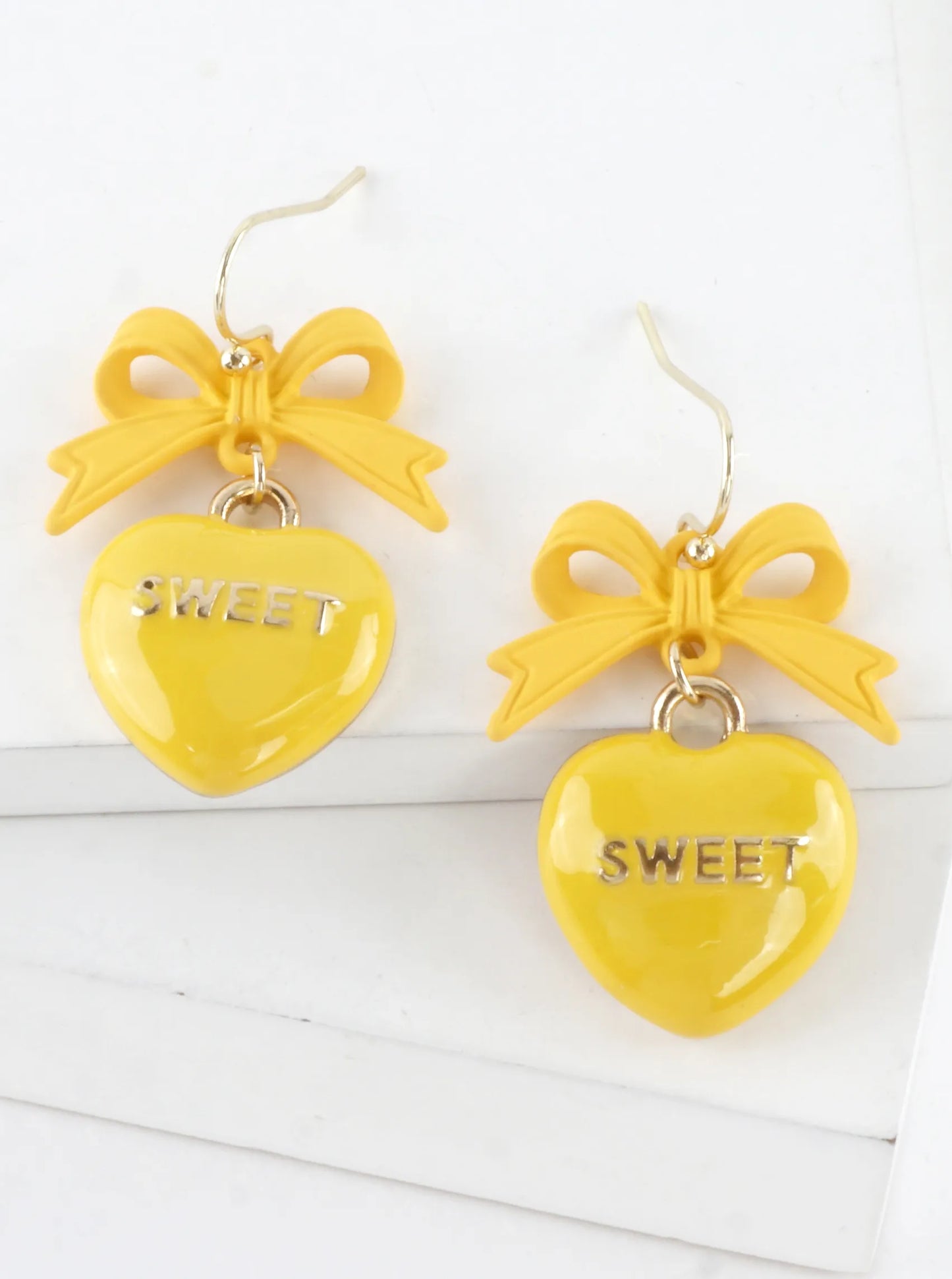 Enameled Heart Drop Bow Earrings With Word