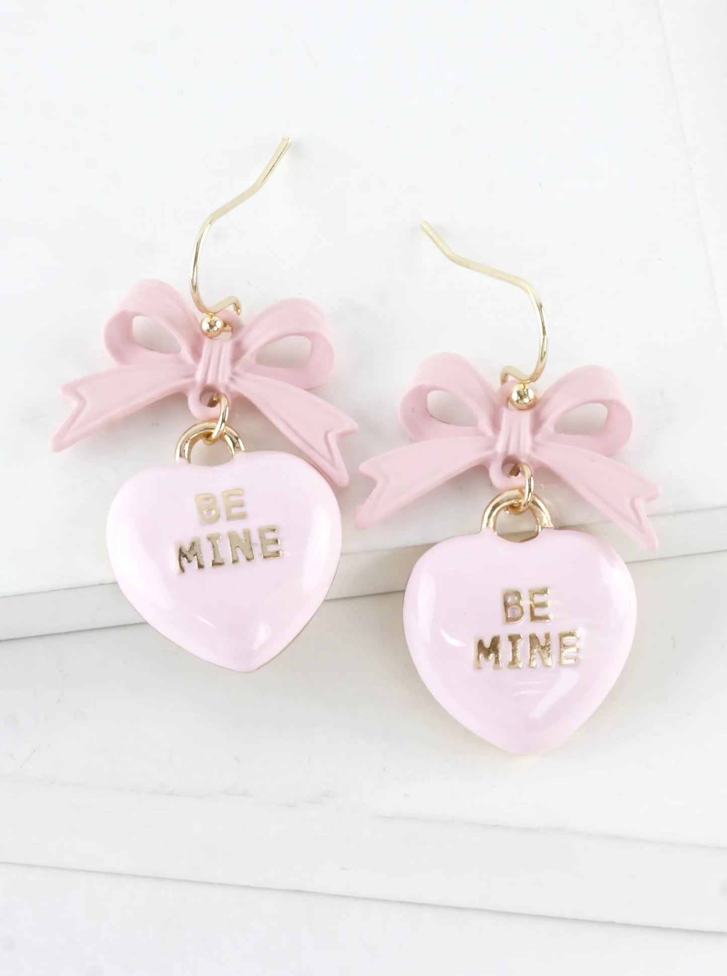 Enameled Heart Drop Bow Earrings With Word