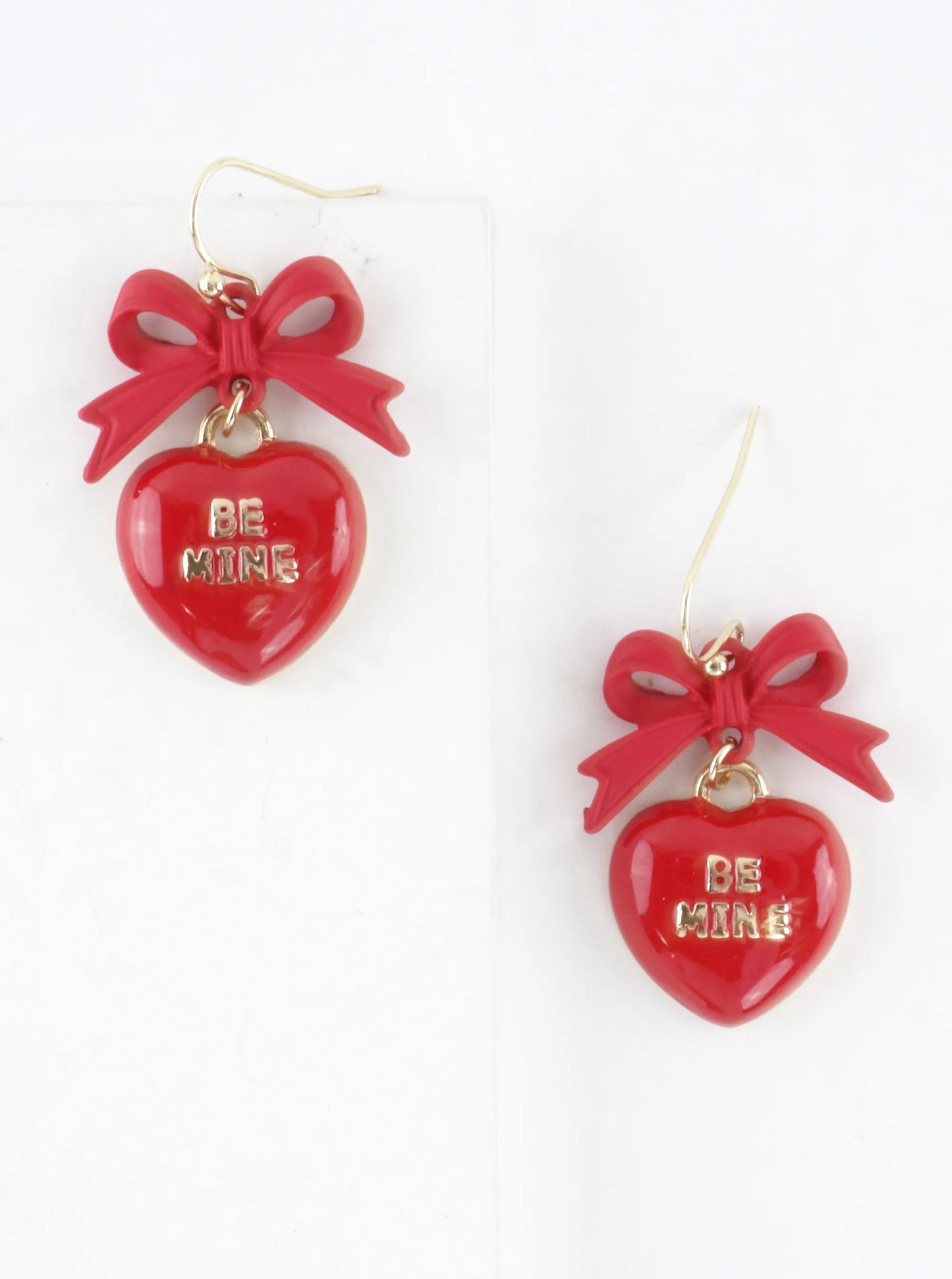Enameled Heart Drop Bow Earrings With Word