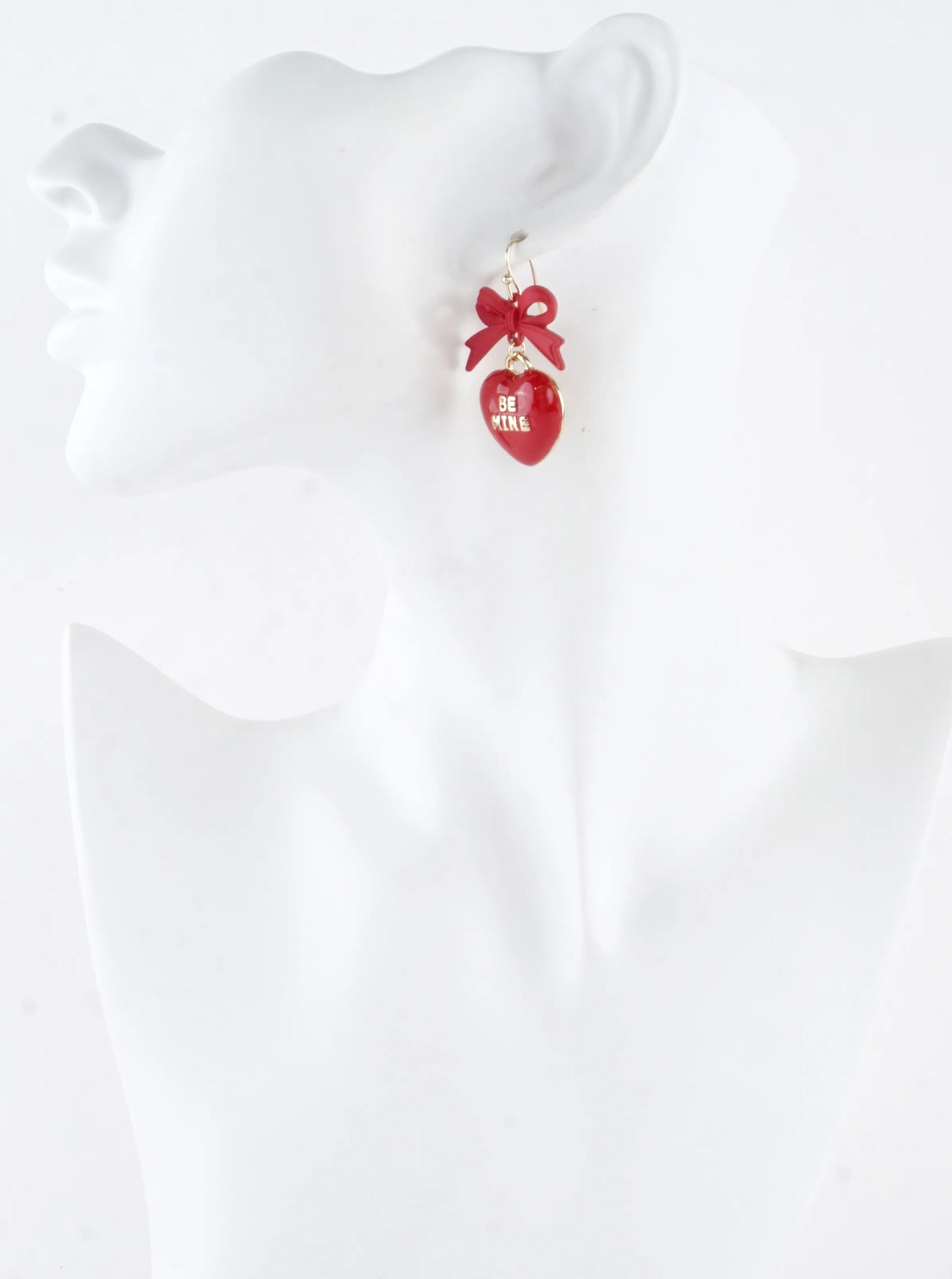 Enameled Heart Drop Bow Earrings With Word
