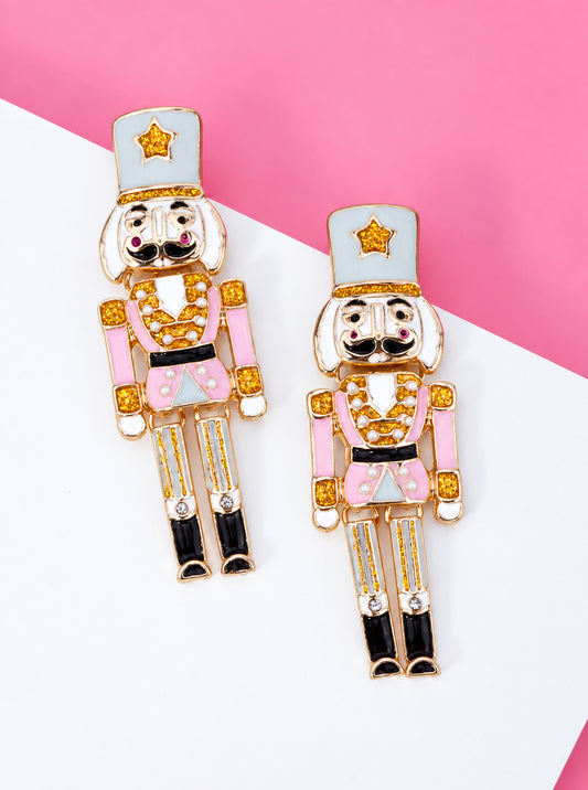 Enameled Nutcracker Pearl Rhinestone Post Drop Ear