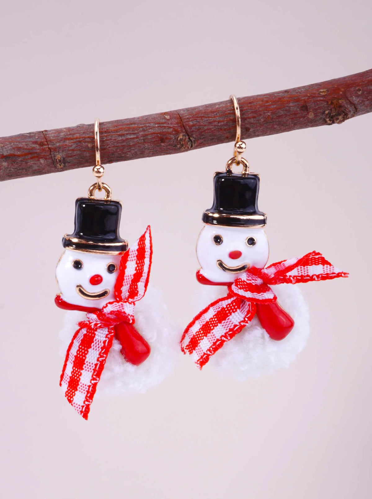 Enameled Snowman Gingham Scarf Drop Hook Earrings