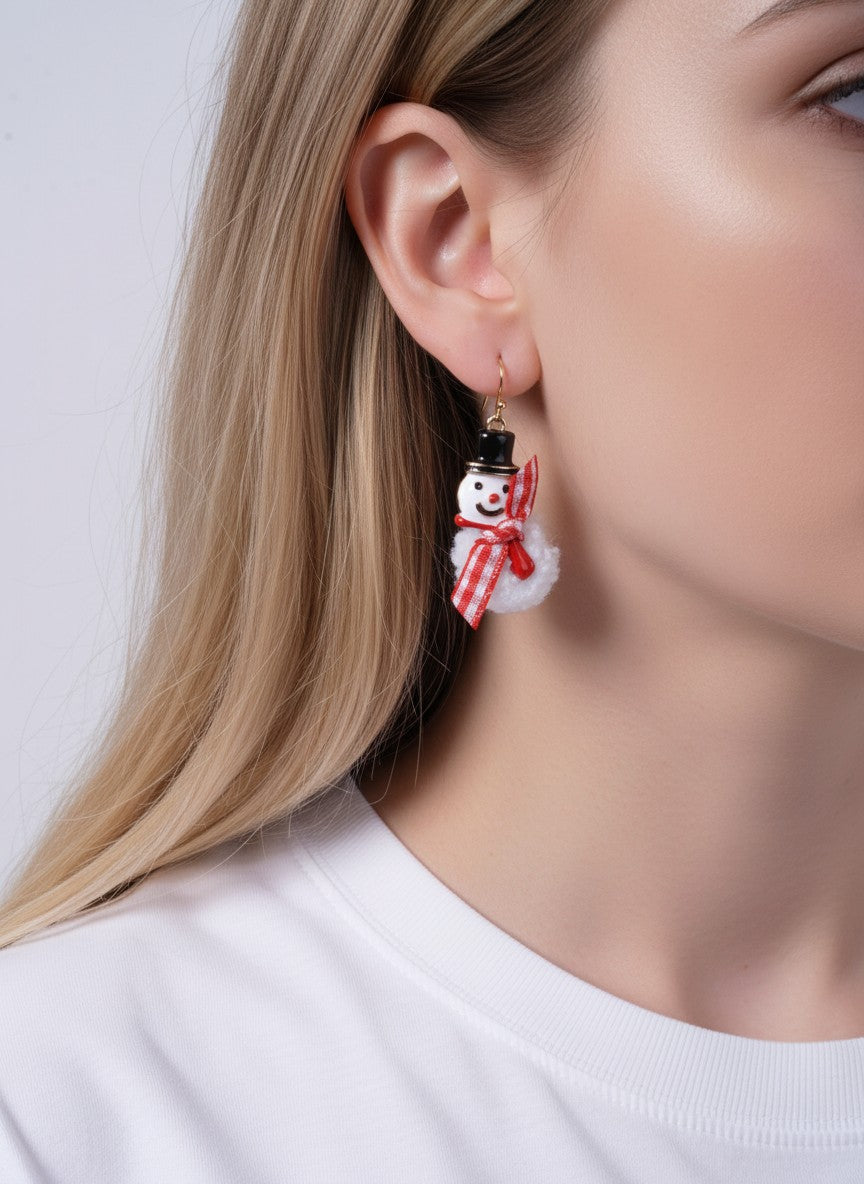 Enameled Snowman Gingham Scarf Drop Hook Earrings