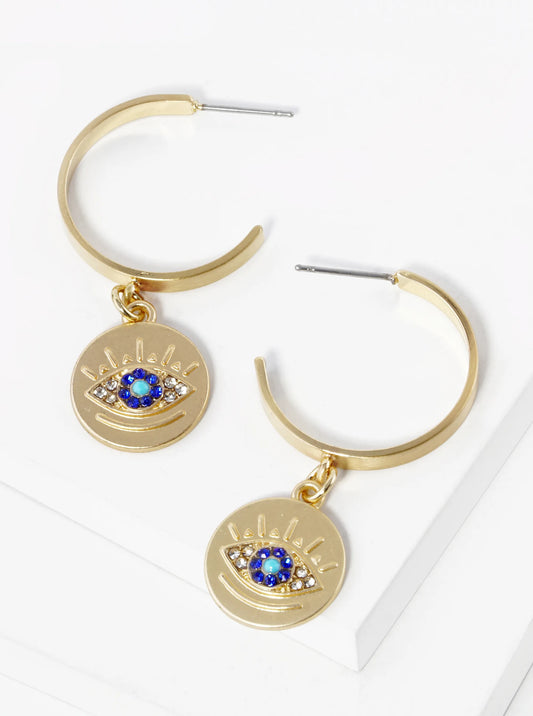Evil Eye Disc Drop 20mm Open Hoop Earrings