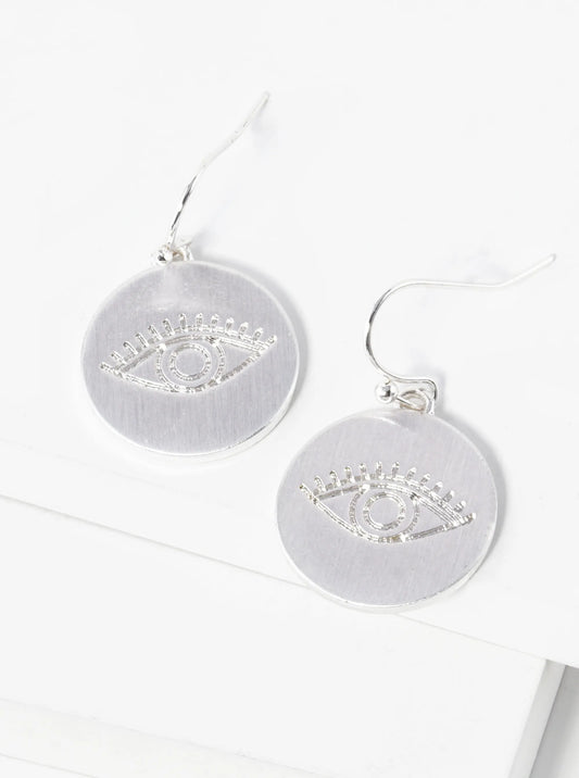 Evil Eye Engraved Disc Drop Dangle Earrings
