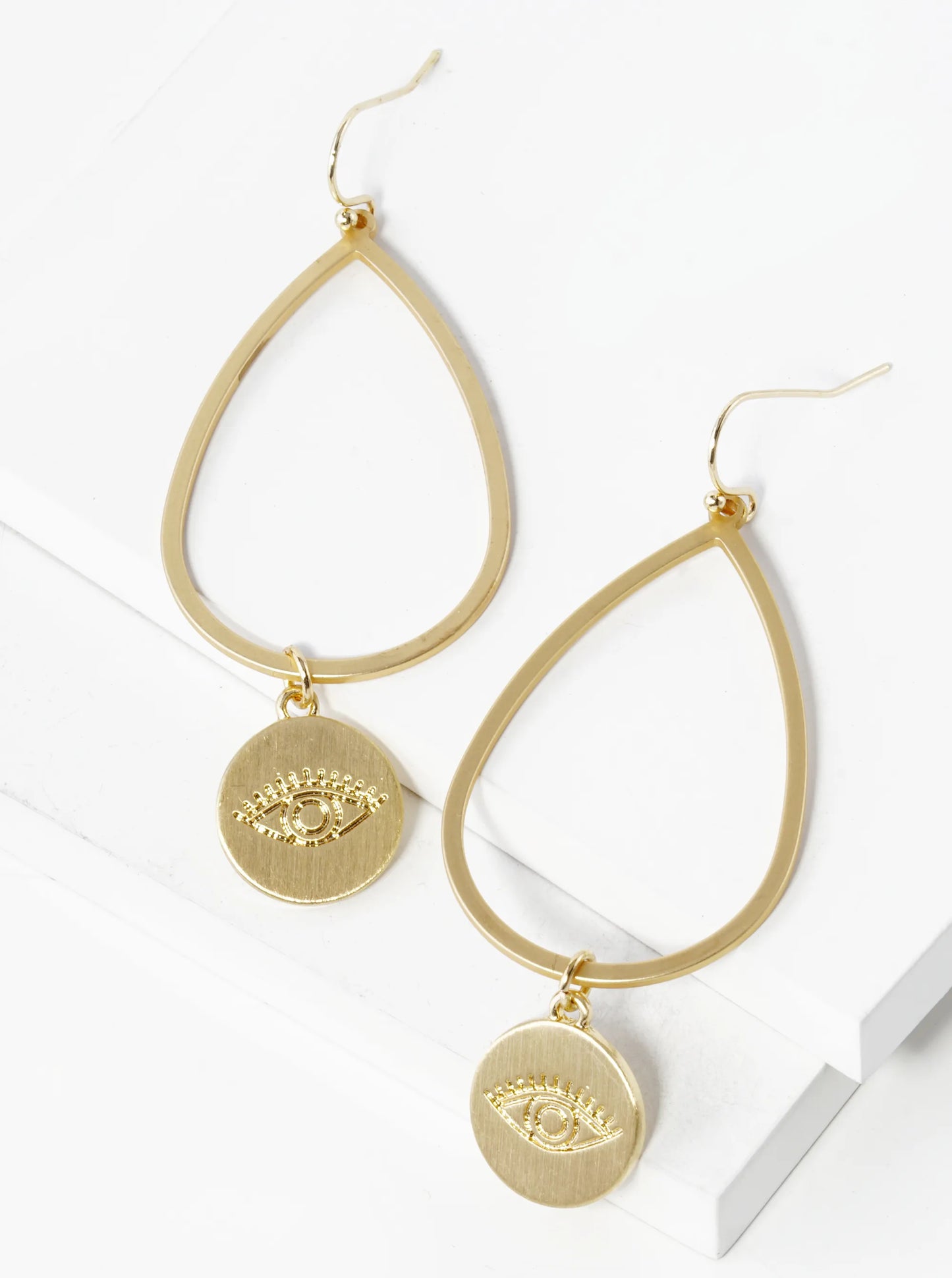 Evil Eye Engraved Disc Drop Teardrop Dangle Earrings