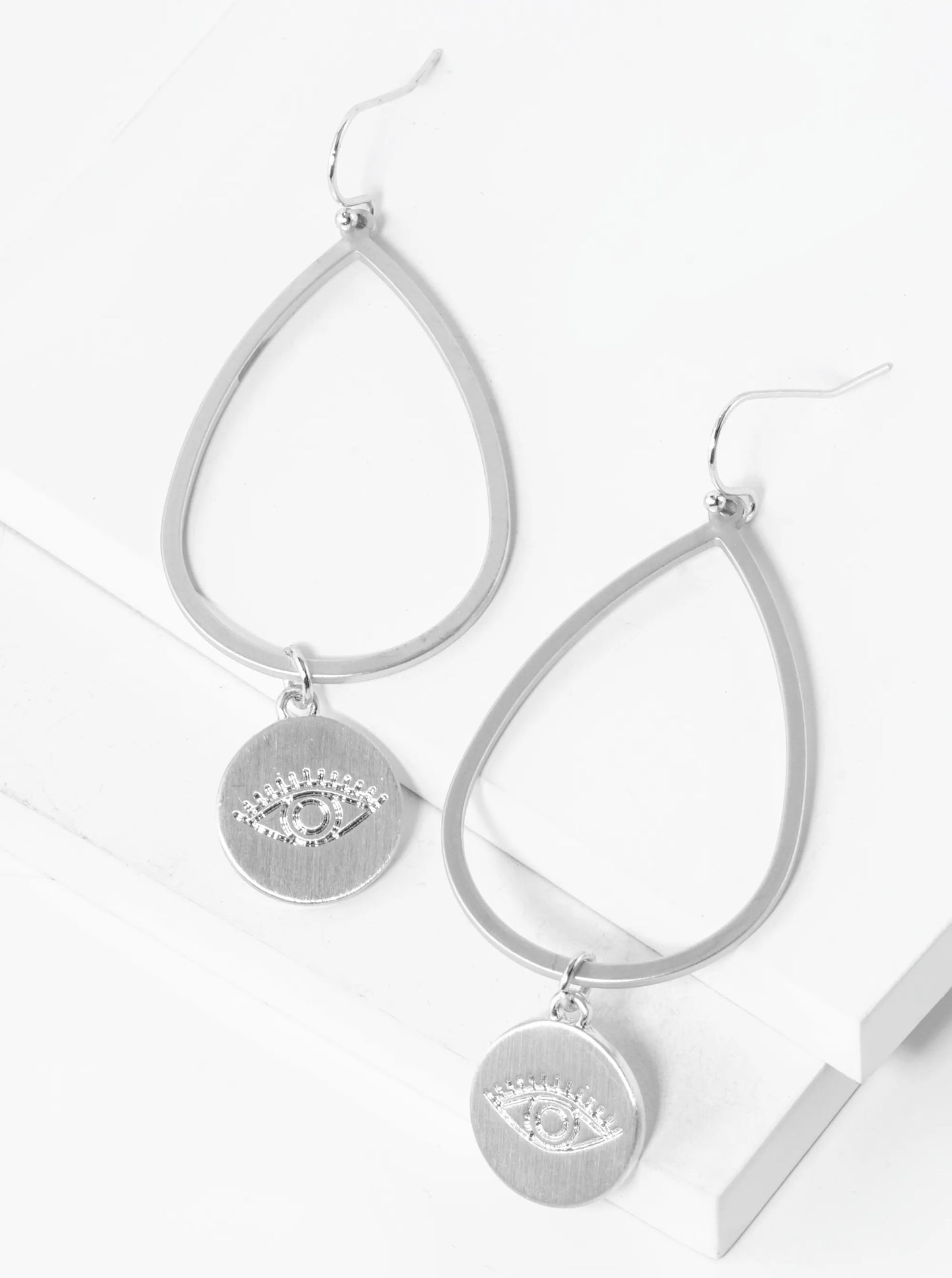 Evil Eye Engraved Disc Drop Teardrop Dangle Earrings