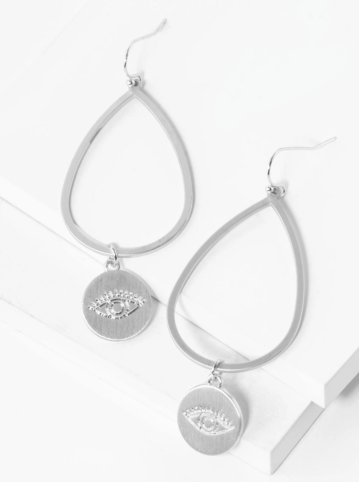 Evil Eye Engraved Disc Drop Teardrop Dangle Earrings