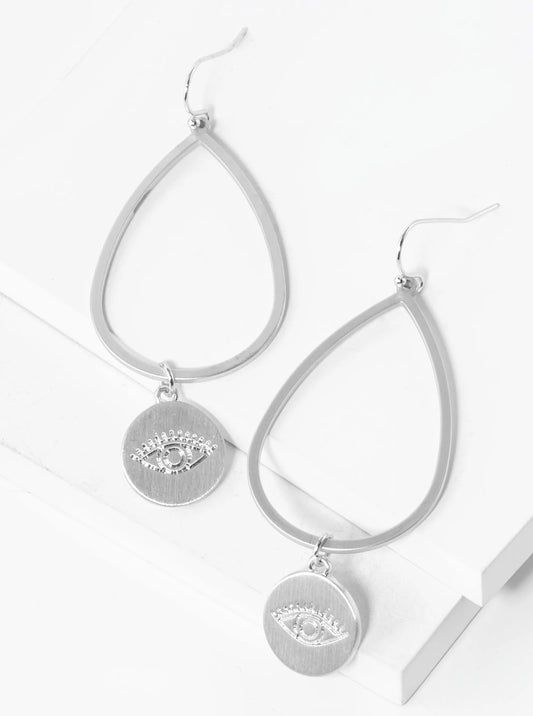Evil Eye Engraved Disc Drop Teardrop Dangle Earrings