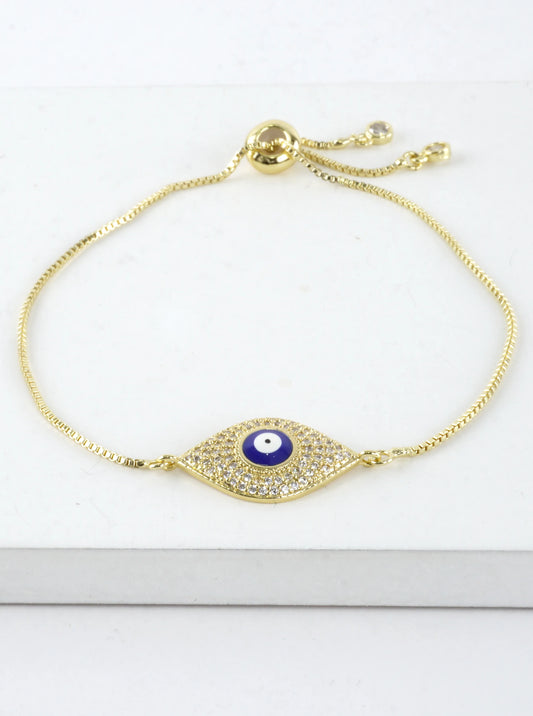 Evil Eye Stainless Steel CZ Pull Tie Bracelet