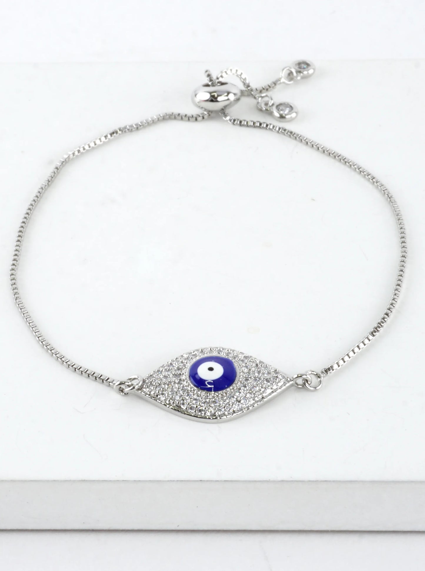 Evil Eye Stainless Steel CZ Pull Tie Bracelet