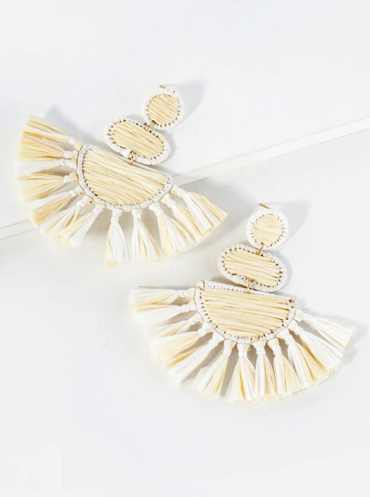 Exaggerated Raffia Fringe Fan Tassel Drop Geometric Statement Earrings