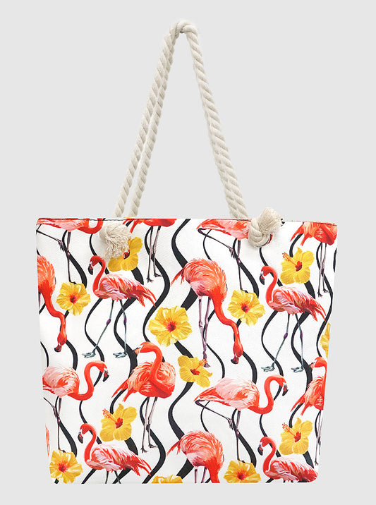 FLAMINGO FLORAL FLOWER TOTE BAG WITH ROPE HANDLE STRIPE