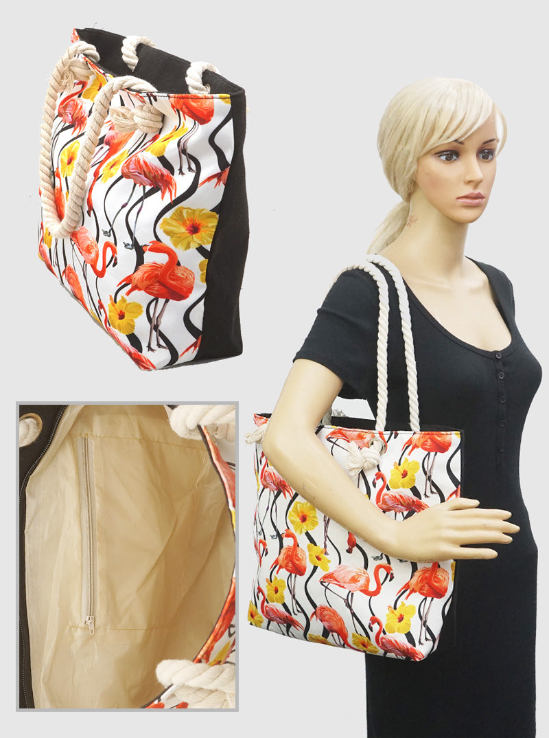 FLAMINGO FLORAL FLOWER TOTE BAG WITH ROPE HANDLE STRIPE