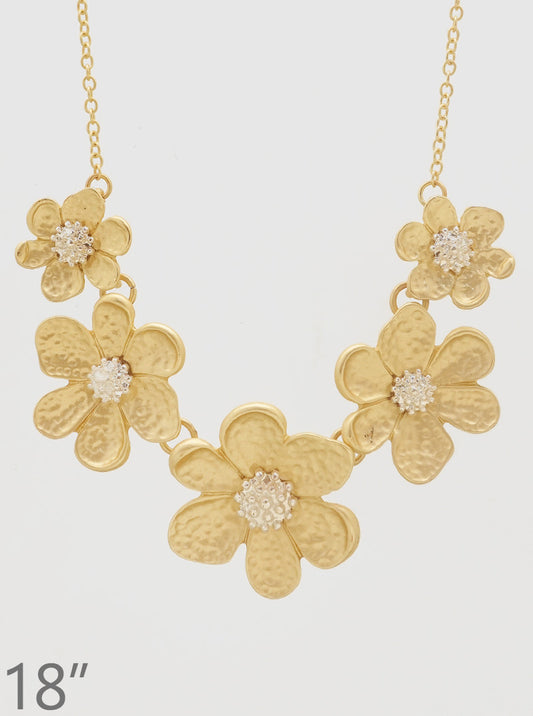 FLORAL FLOWER TWO TONES METAL BIB NECKLACE