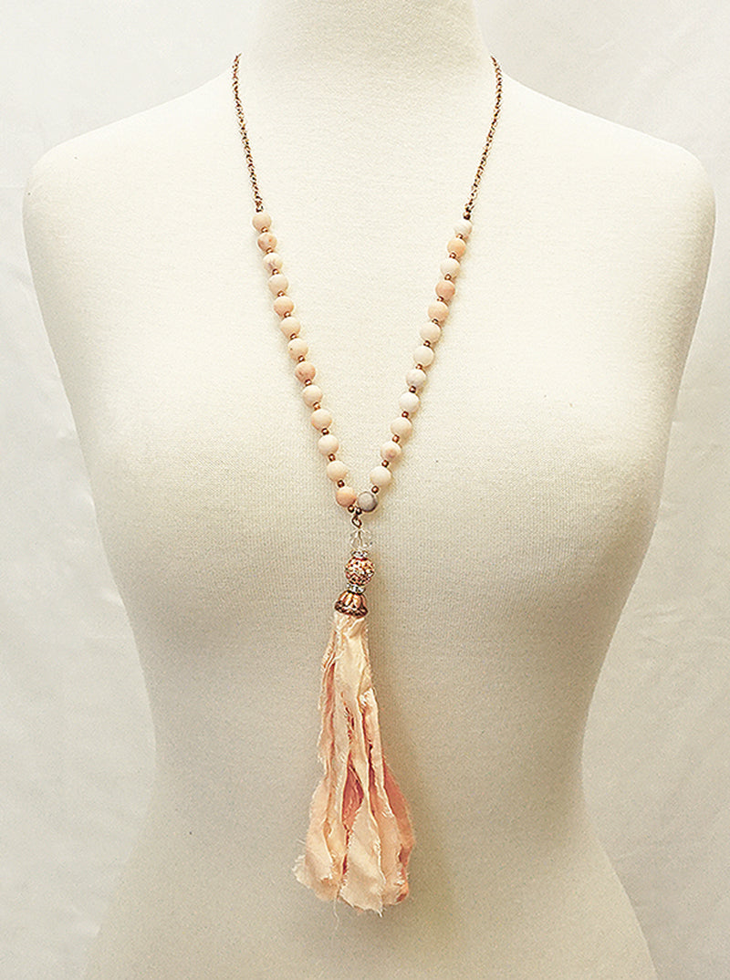 Fabric Tassel Pendant Semi-precious Stone Long Necklace