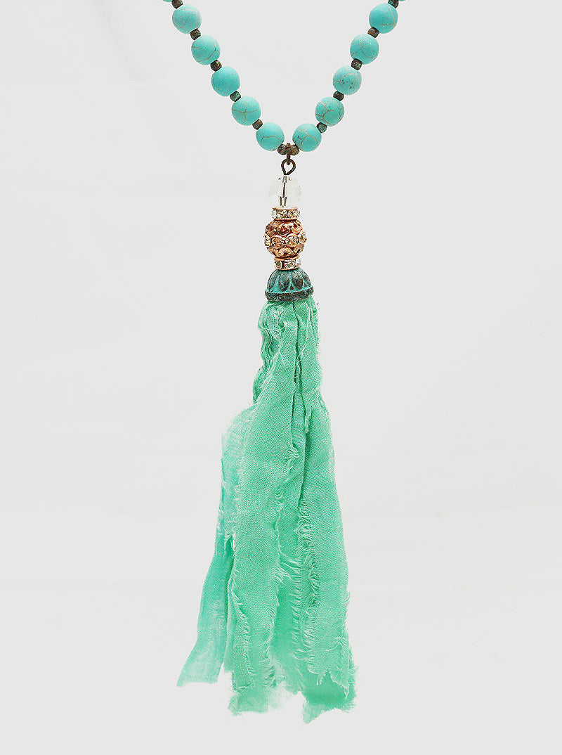 Fabric Tassel Pendant Semi-precious Stone Long Necklace