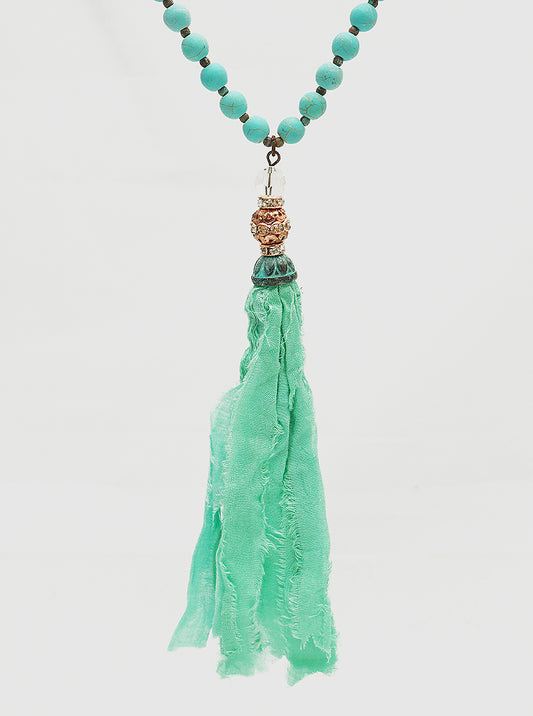 Fabric Tassel Pendant Semi-precious Stone Long Necklace