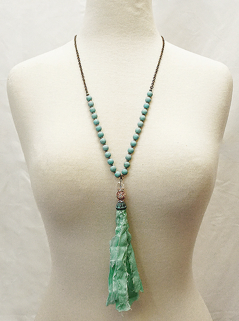 Fabric Tassel Pendant Semi-precious Stone Long Necklace