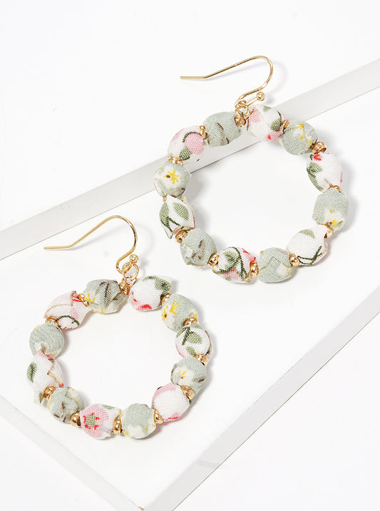 Fabric Wrapped Bead Circle Dangle Drop Earrings