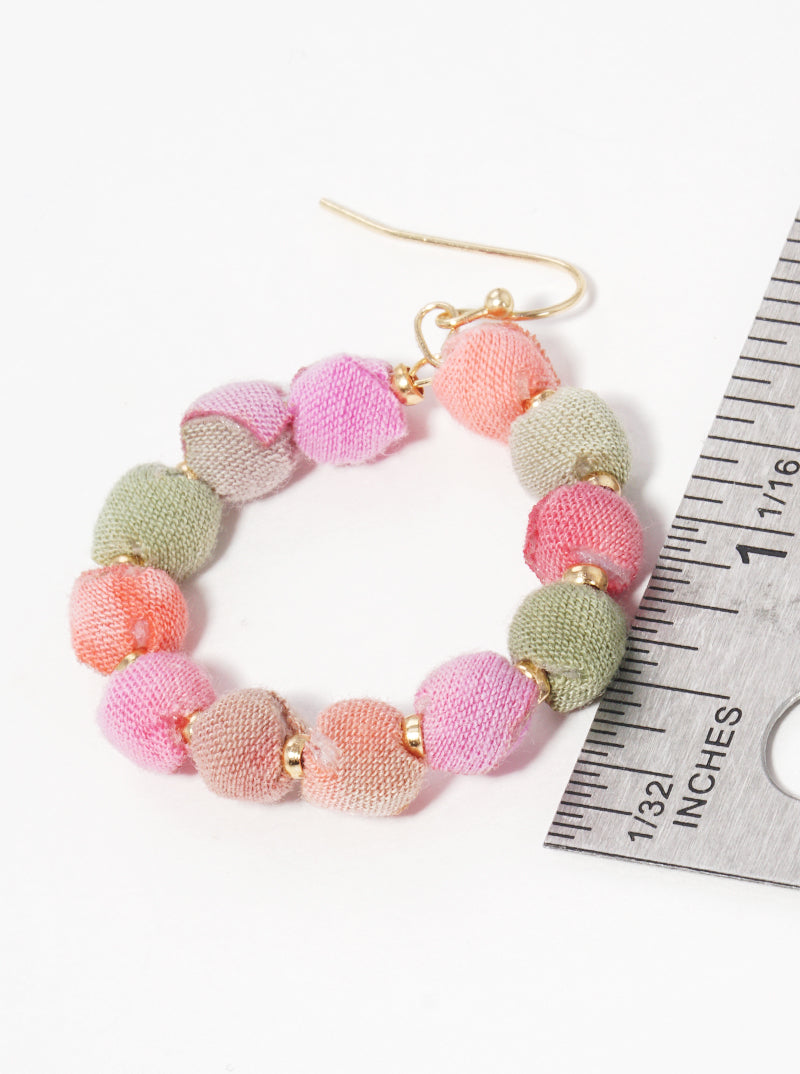 Fabric Wrapped Bead Circle Dangle Drop Earrings