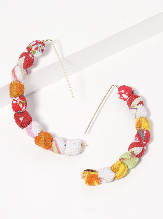Fabric Wrapped Bead Hooked On Wire Hoop Earrings