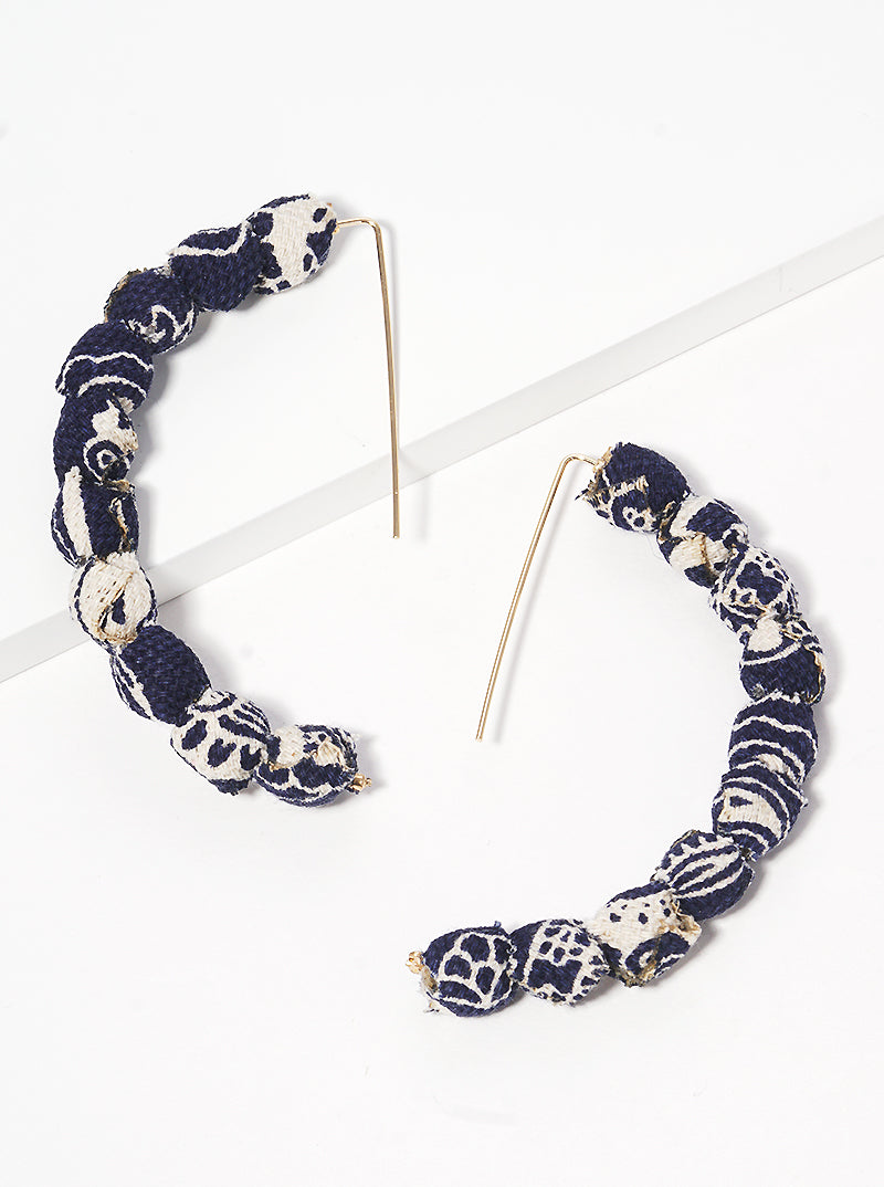 Fabric Wrapped Bead Hooked On Wire Hoop Earrings