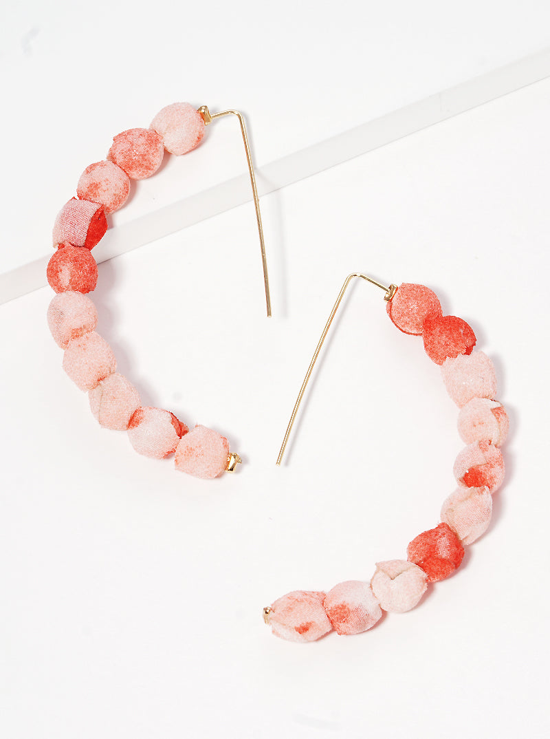 Fabric Wrapped Bead Hooked On Wire Hoop Earrings