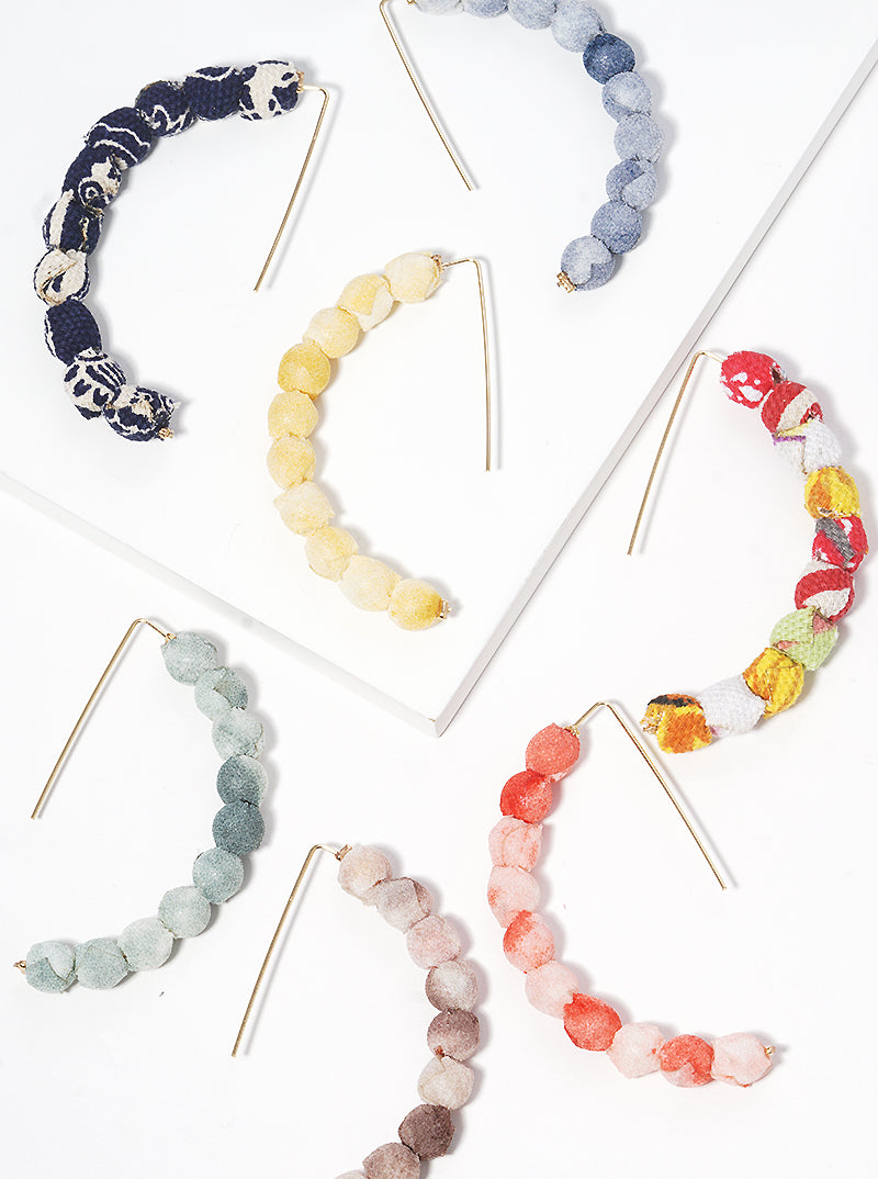 Fabric Wrapped Bead Hooked On Wire Hoop Earrings