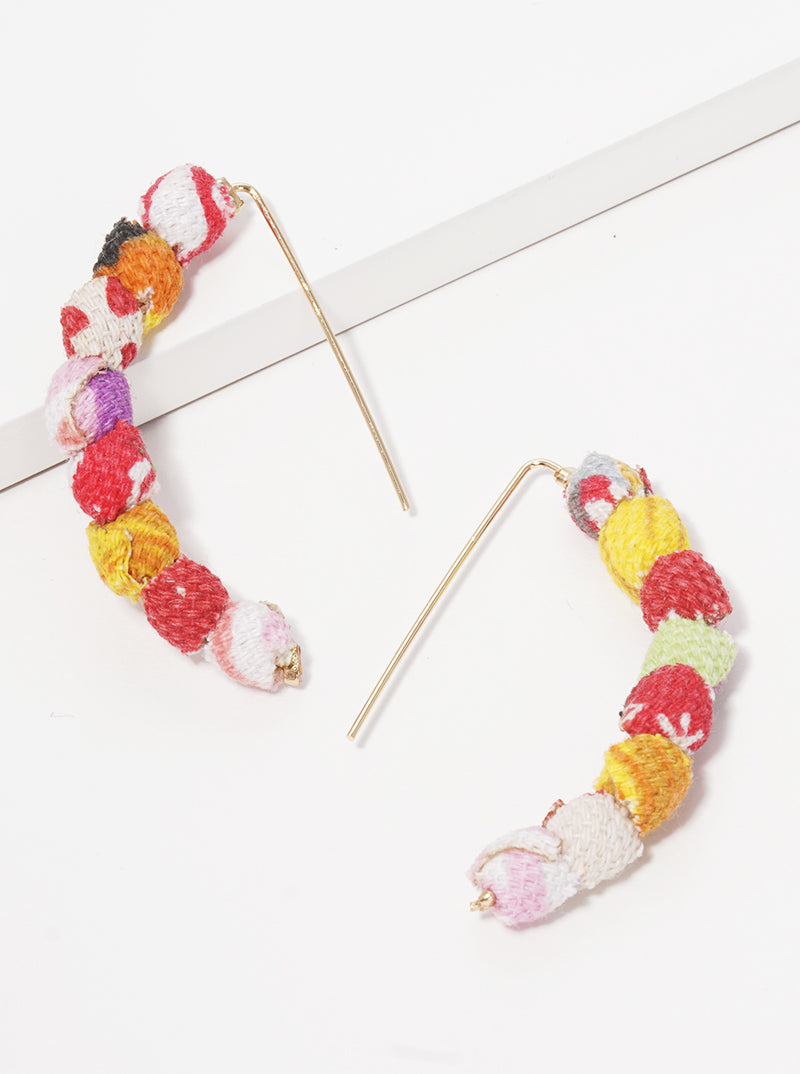 Fabric Wrapped Bead Hooked On Wire Hoop Earrings