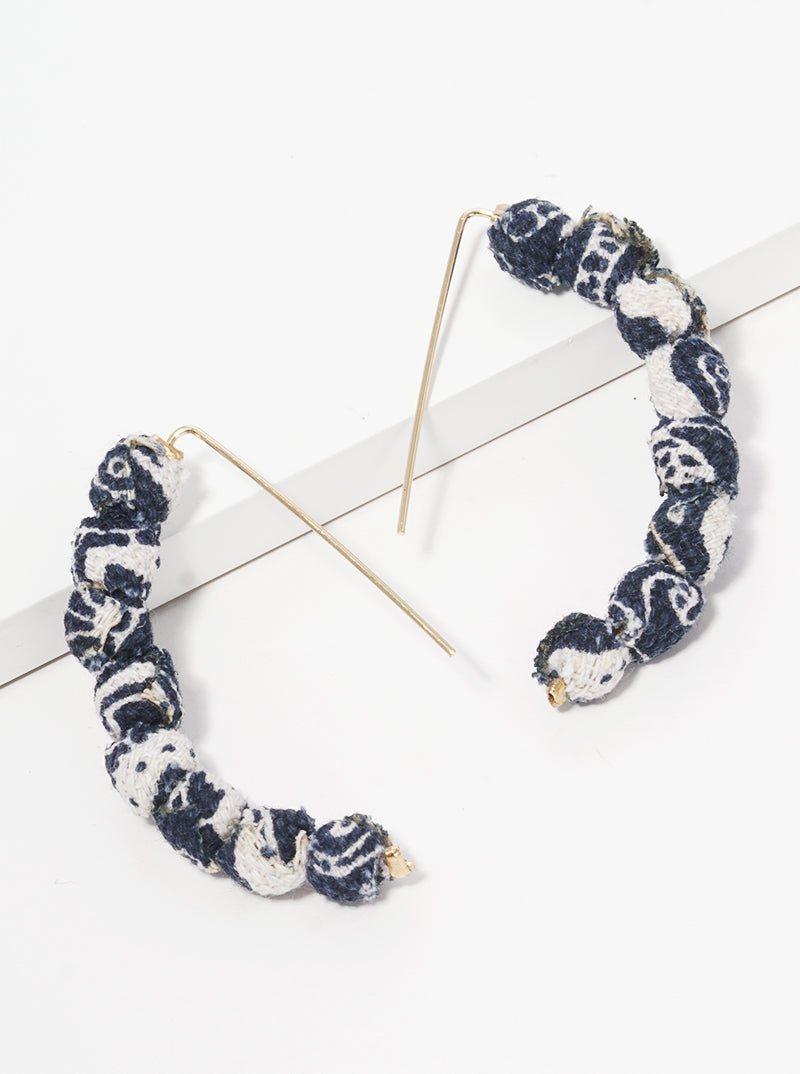 Fabric Wrapped Bead Hooked On Wire Hoop Earrings