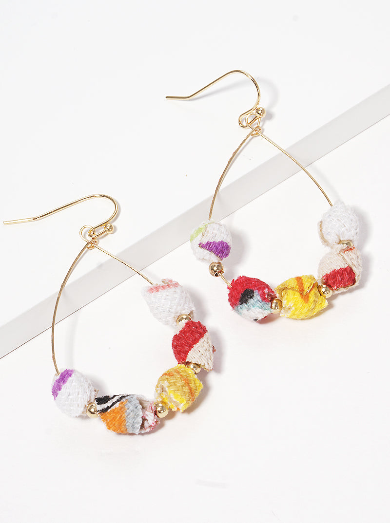 Fabric Wrapped Bead Teardrop Fishhook Dangle Drop Earrings