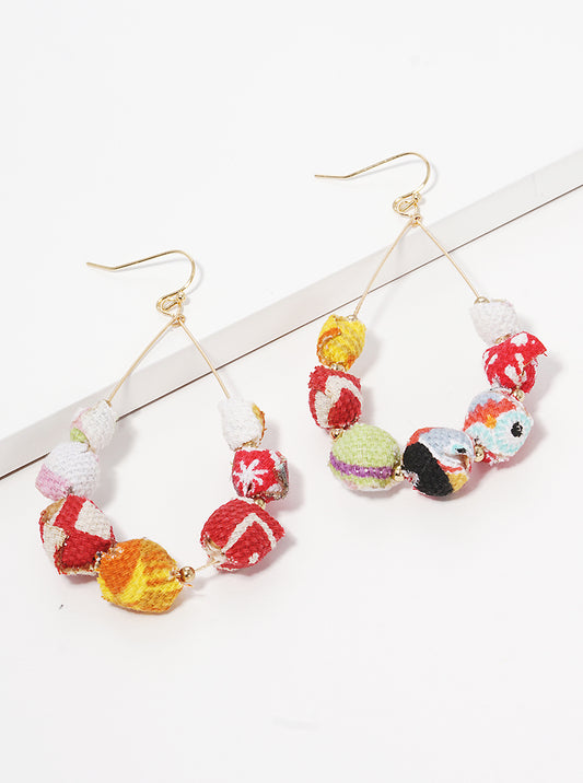 Fabric Wrapped Bead Teardrop Fishhook Dangle Drop Earrings