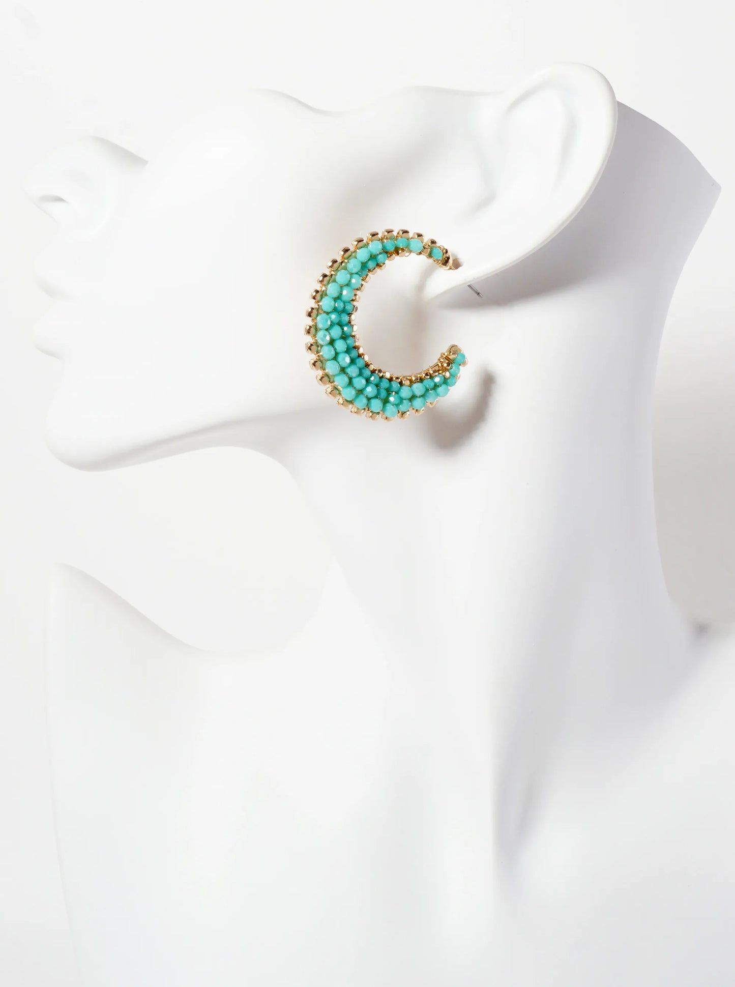 Faceted-Glass-Bead Wire-Wrapped Crescent Moon-Shaped Tapered 35mm Open Hoop Earrings