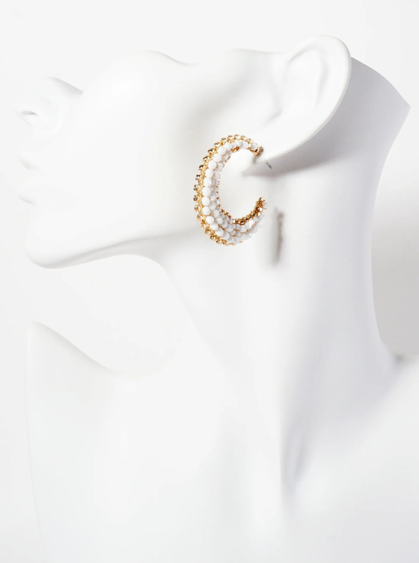 Faceted-Glass-Bead Wire-Wrapped Crescent Moon-Shaped Tapered 35mm Open Hoop Earrings