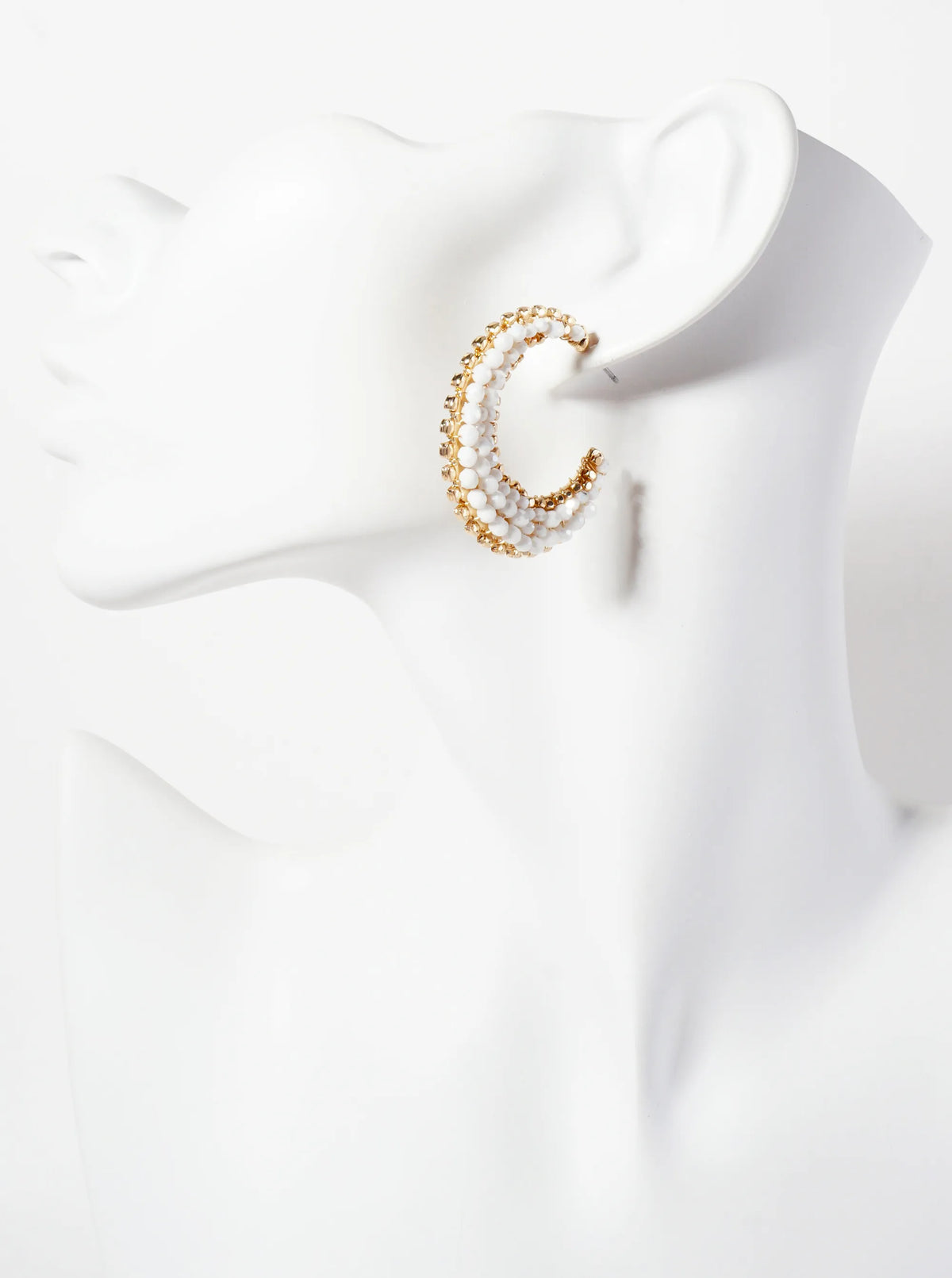 Faceted-Glass-Bead Wire-Wrapped Crescent Moon-Shaped Tapered 35mm Open Hoop Earrings