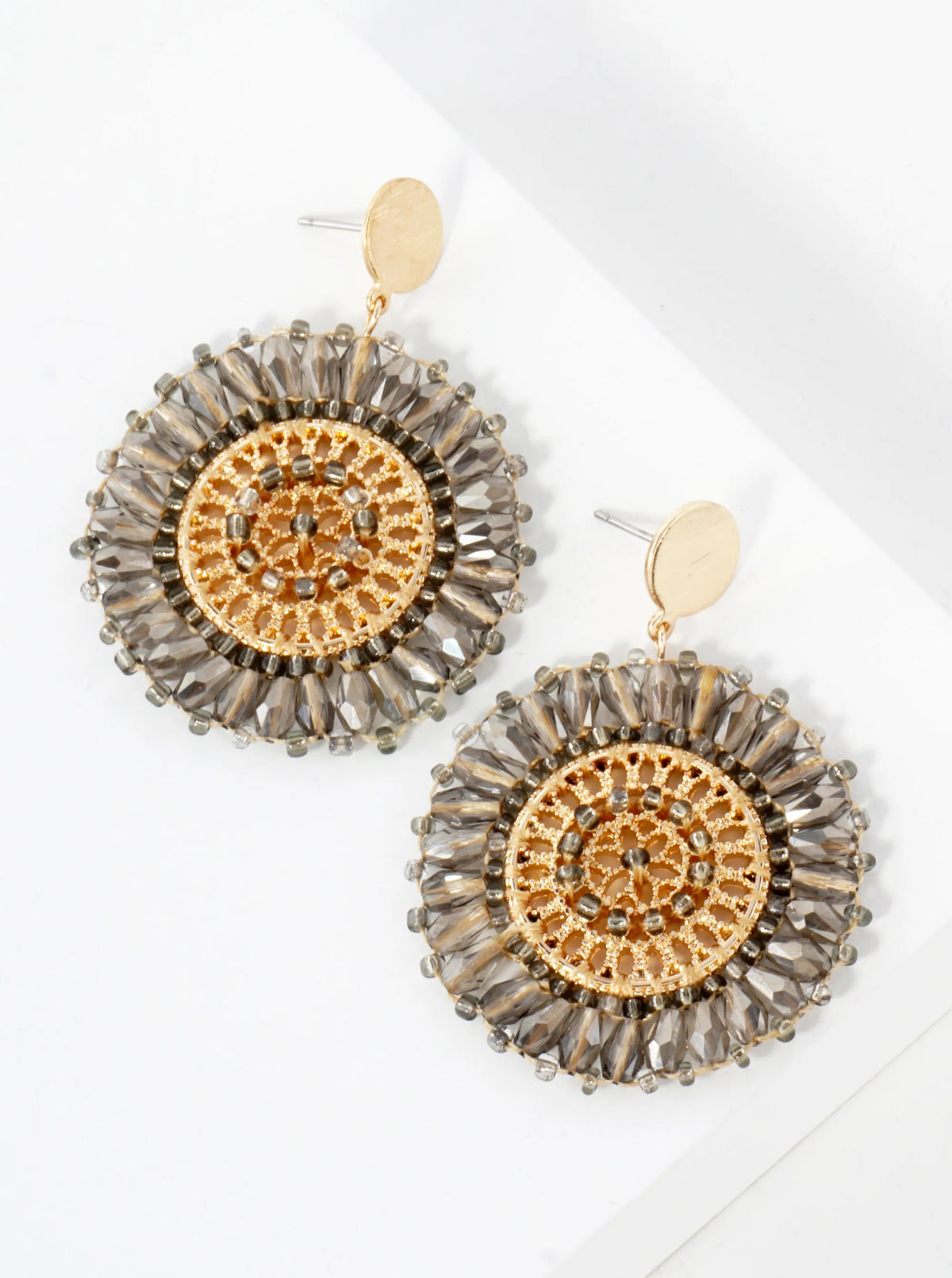 Faceted Glass-Beaded Filigree Circle Drop Earrings