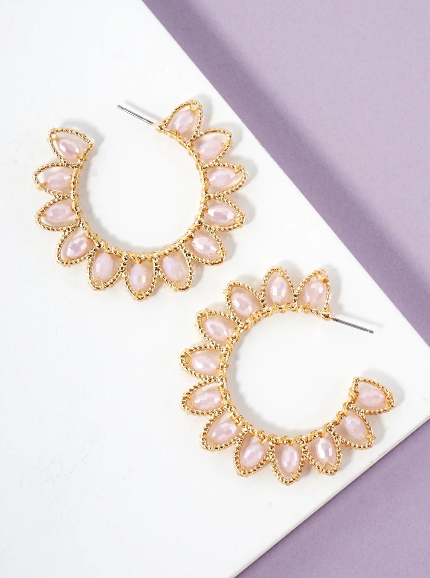 Faceted Glass Beaded Floral 40mm Statement Open Hoop Earrings