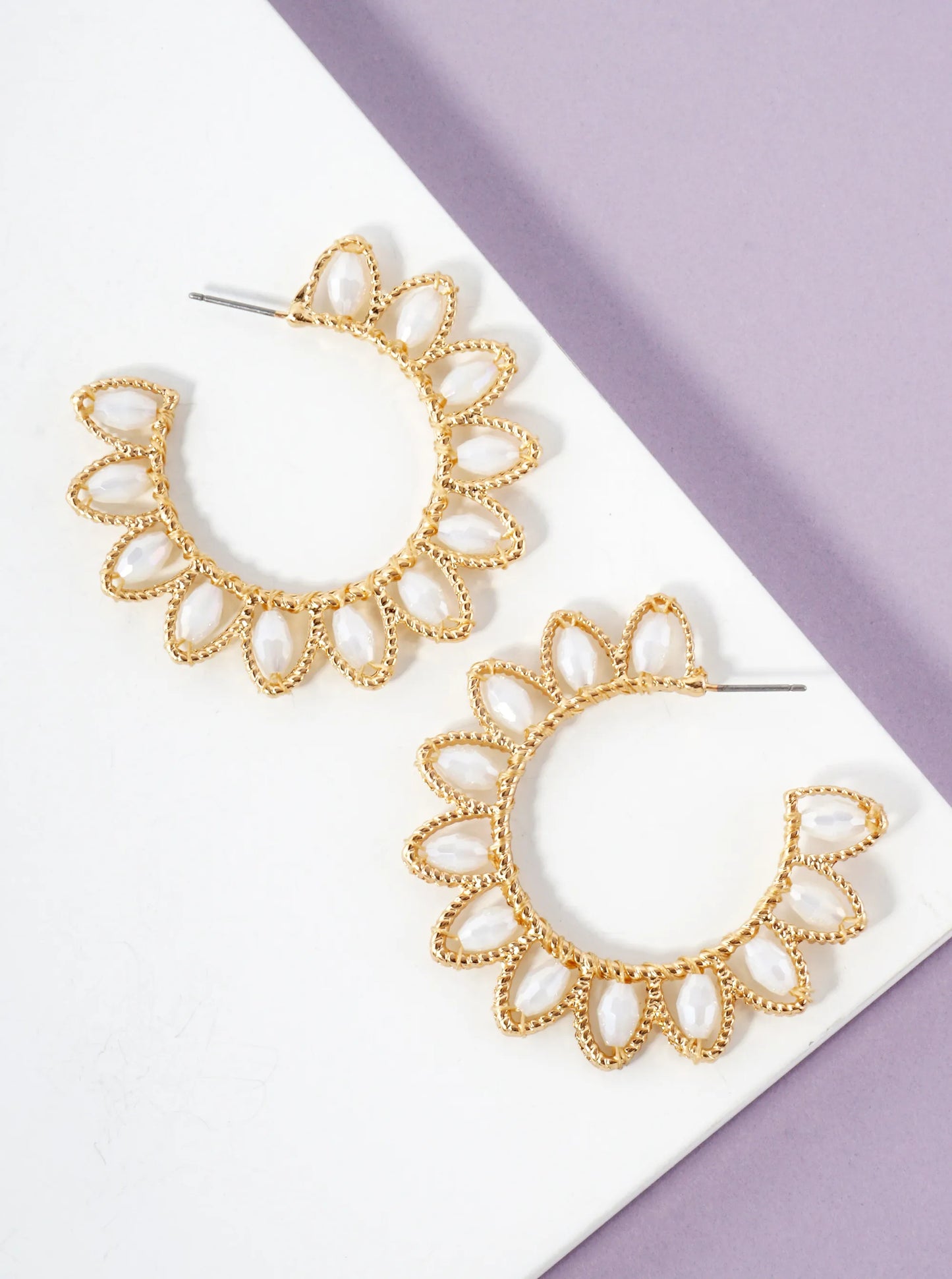 Faceted Glass Beaded Floral 40mm Statement Open Hoop Earrings