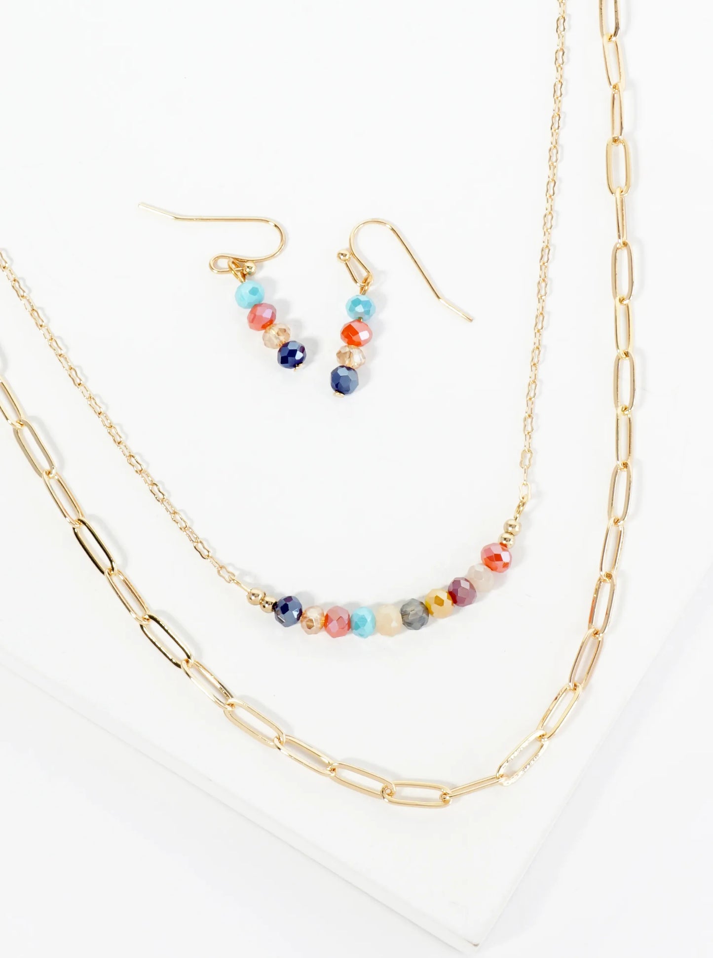 Faceted Glass Beaded Layered Chain Necklace Set With Earrings