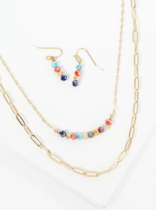 Faceted Glass Beaded Layered Chain Necklace Set With Earrings