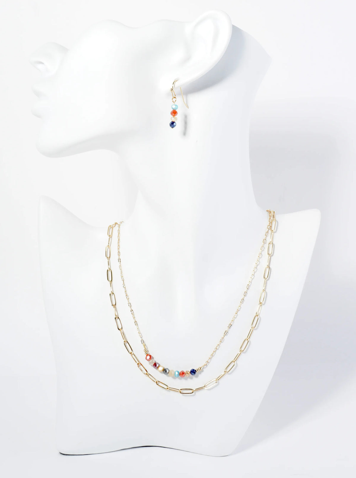 Faceted Glass Beaded Layered Chain Necklace Set With Earrings