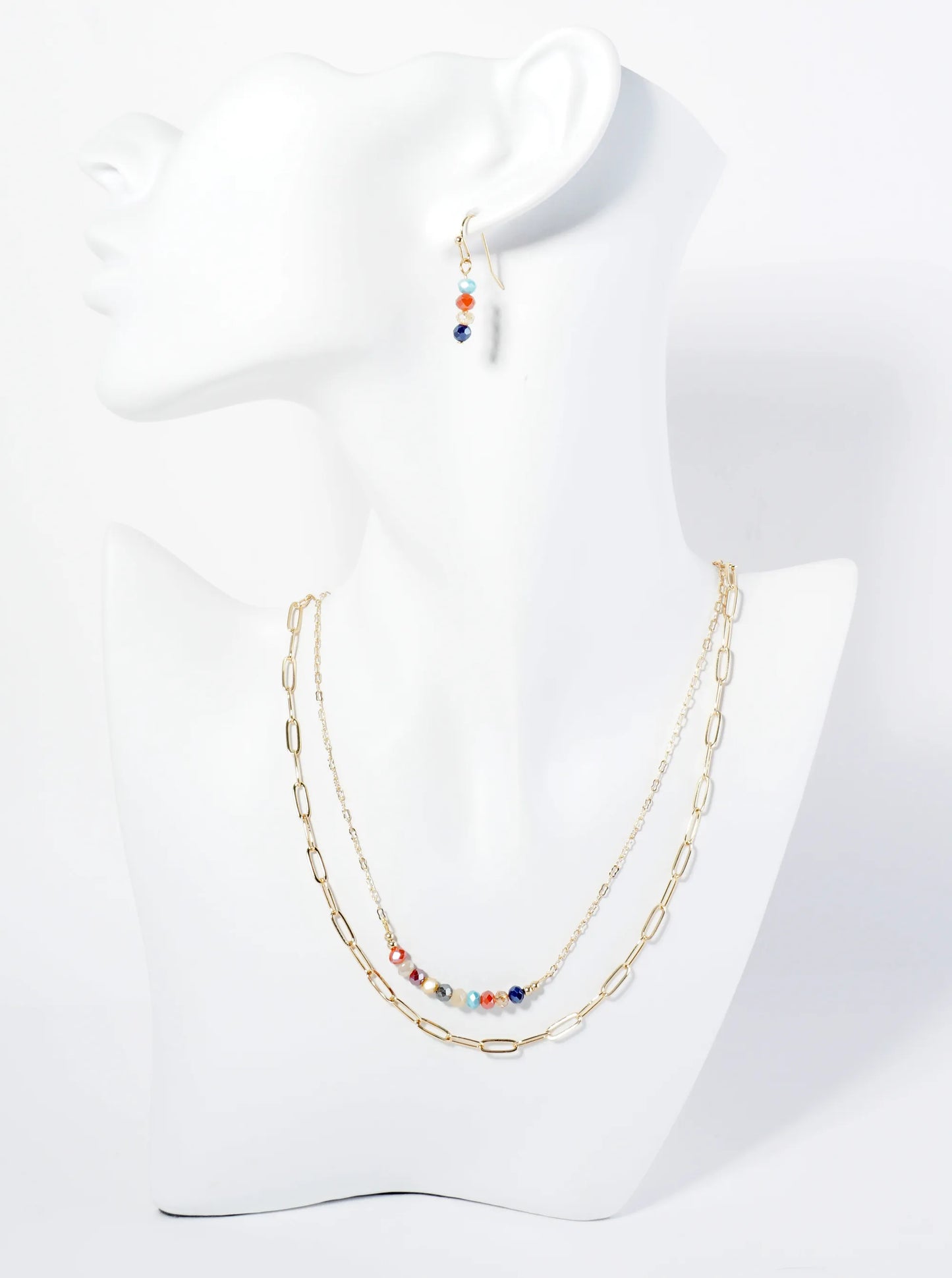 Faceted Glass Beaded Layered Chain Necklace Set With Earrings