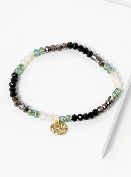 Faceted Glass Beaded Ombre Stretch Bracelet With Oval Metal Charm