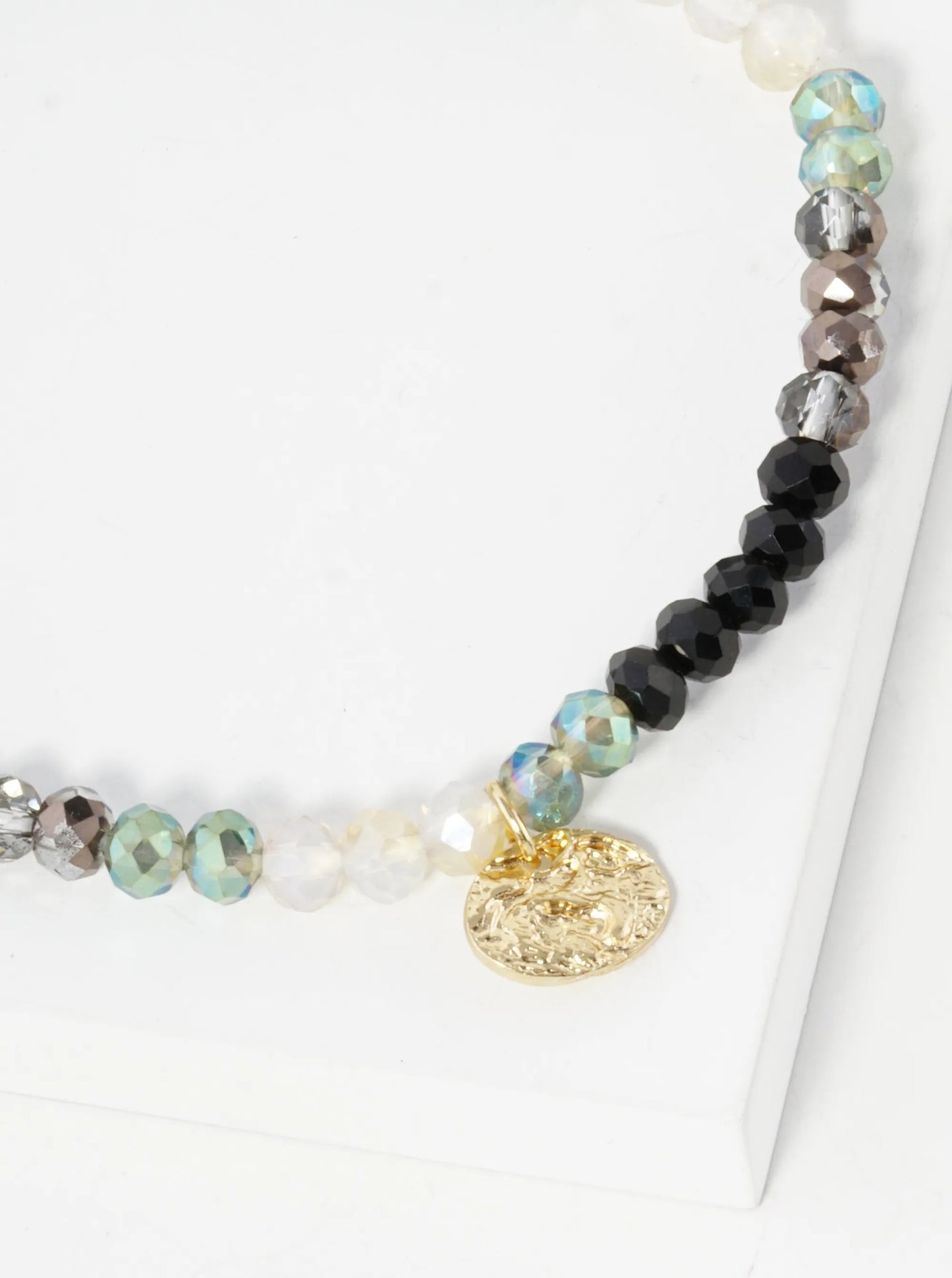 Faceted Glass Beaded Ombre Stretch Bracelet With Oval Metal Charm