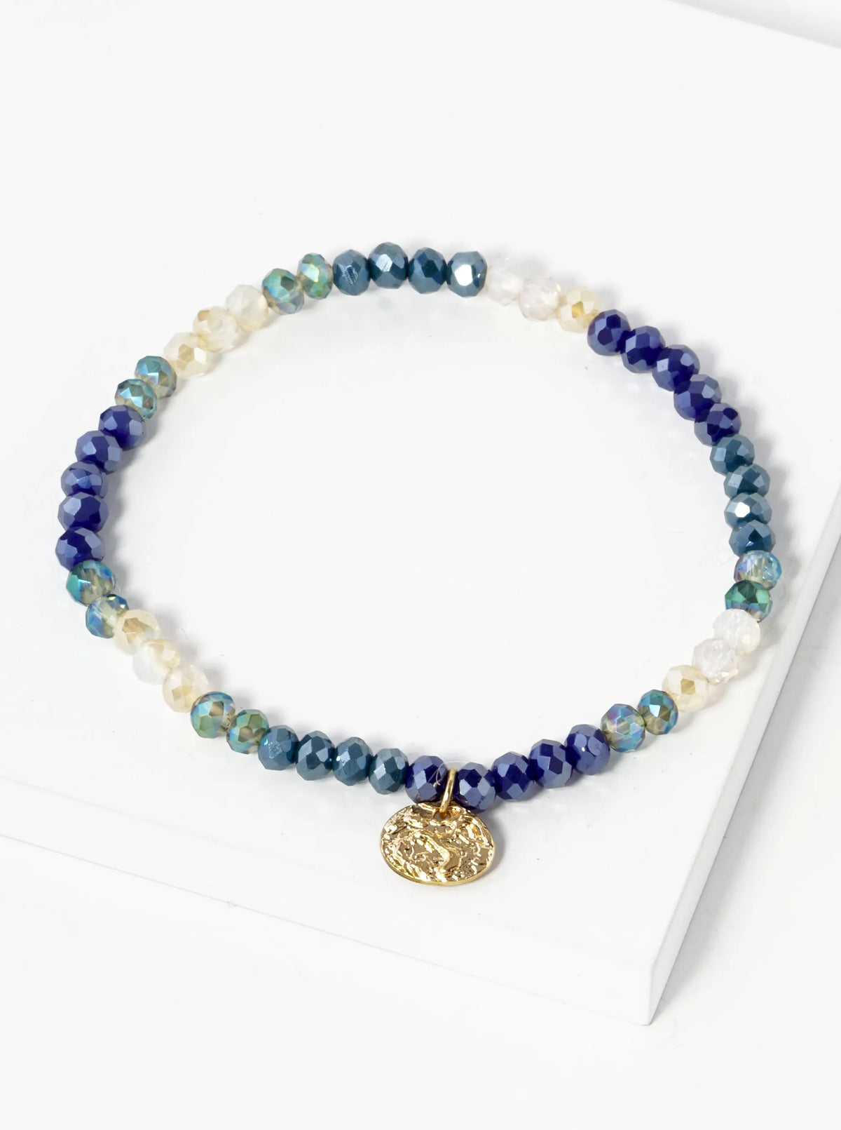 Faceted Glass Beaded Ombre Stretch Bracelet With Oval Metal Charm