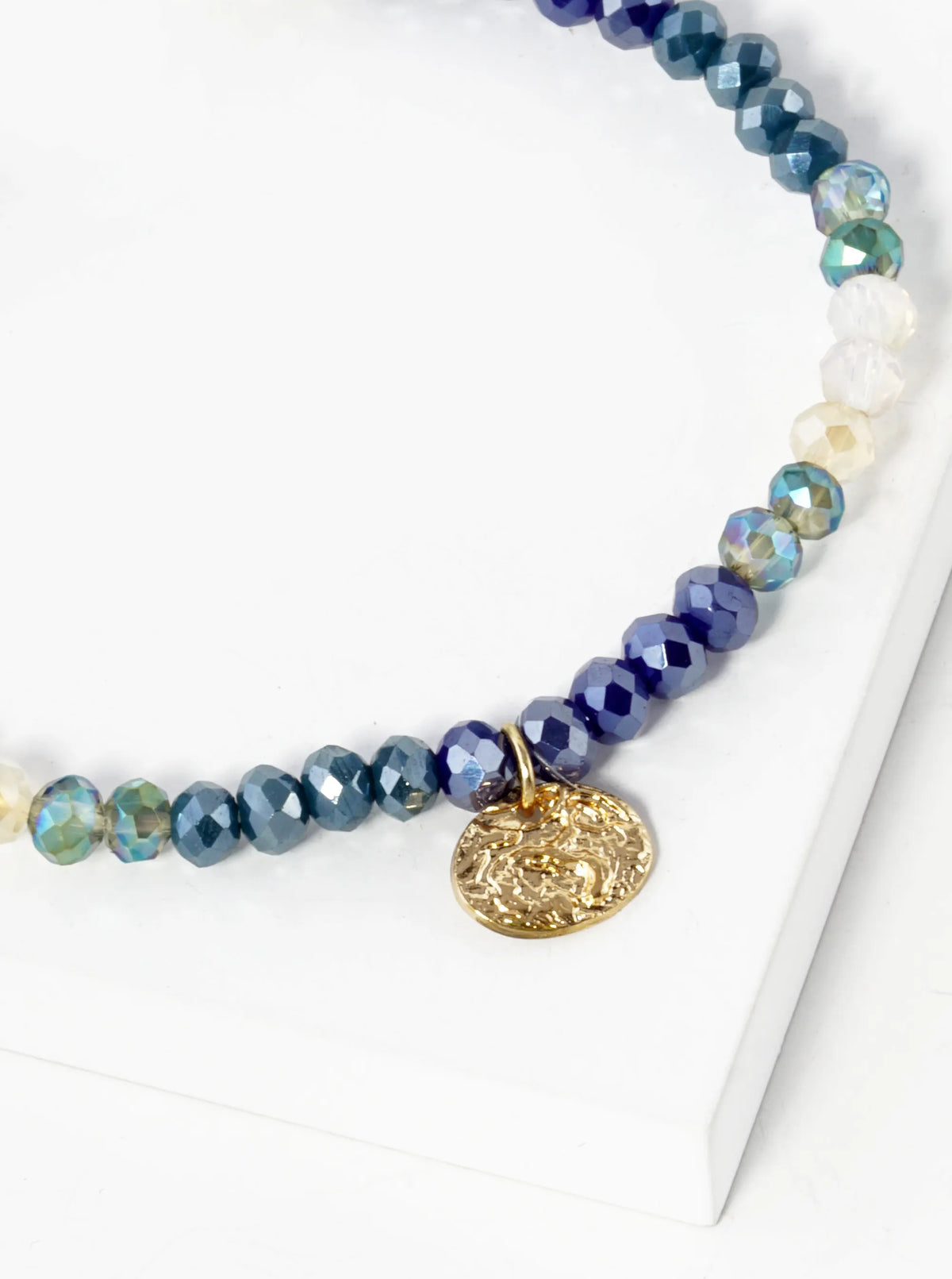 Faceted Glass Beaded Ombre Stretch Bracelet With Oval Metal Charm