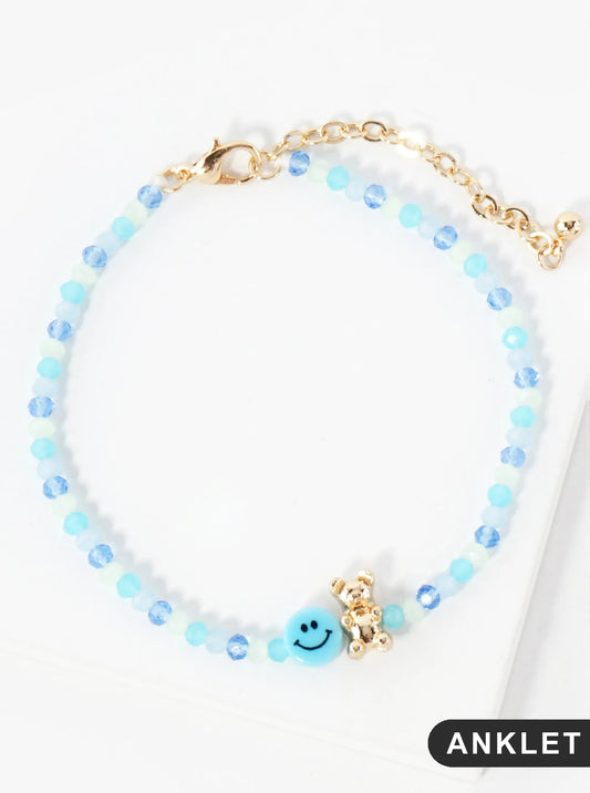 Faceted Glass-Beaded Smiley-Face Gummy-Bear Charm 8-Inch Anklet